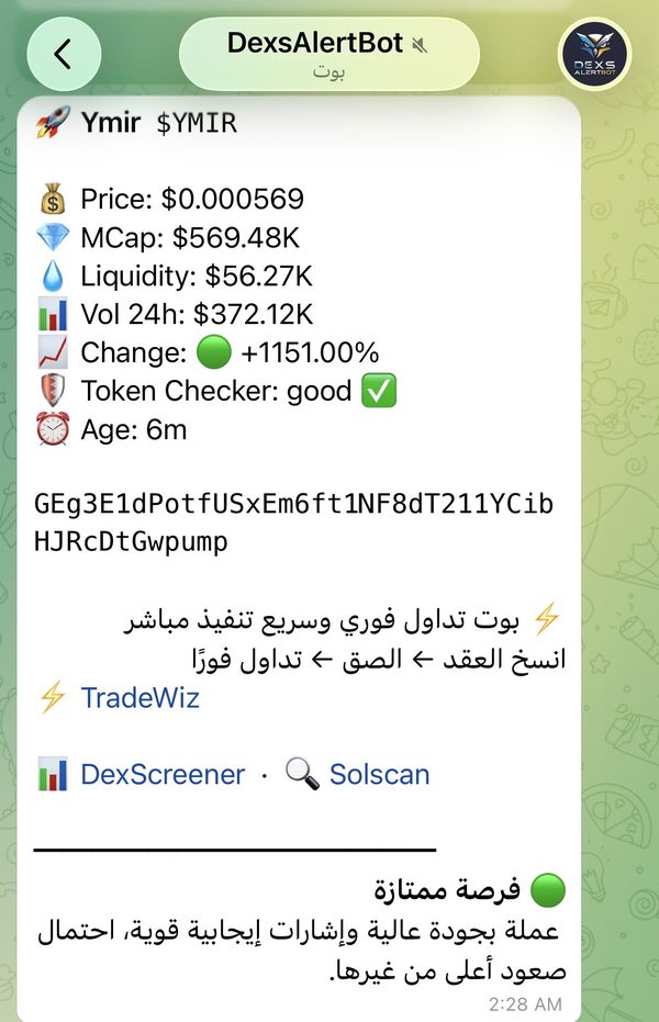 Example DexsAlertBot token alert with price, market cap, liquidity and Check Token data