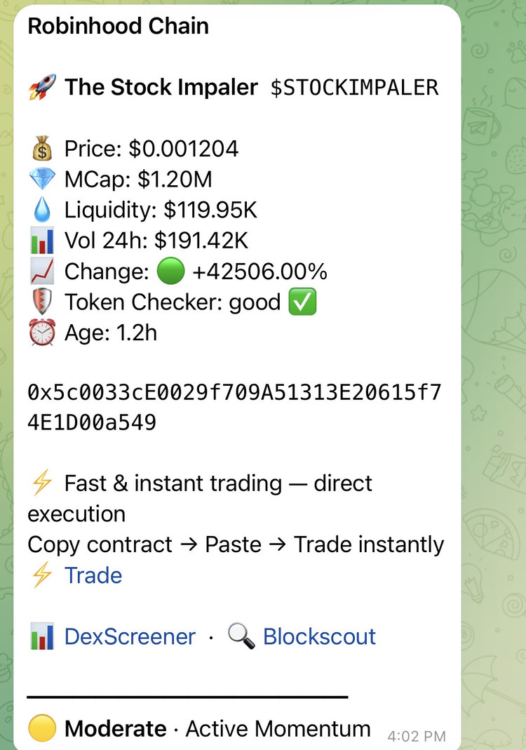 Moderate level alert on Robinhood Chain, reason Active Momentum, showing the chain named in the top line