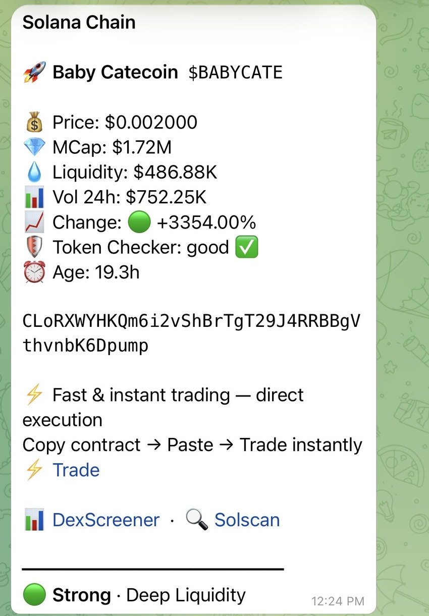 Example DexsAlertBot alert on Solana Chain showing price, market cap, liquidity, Check Token status and a Strong level with the Deep Liquidity reason