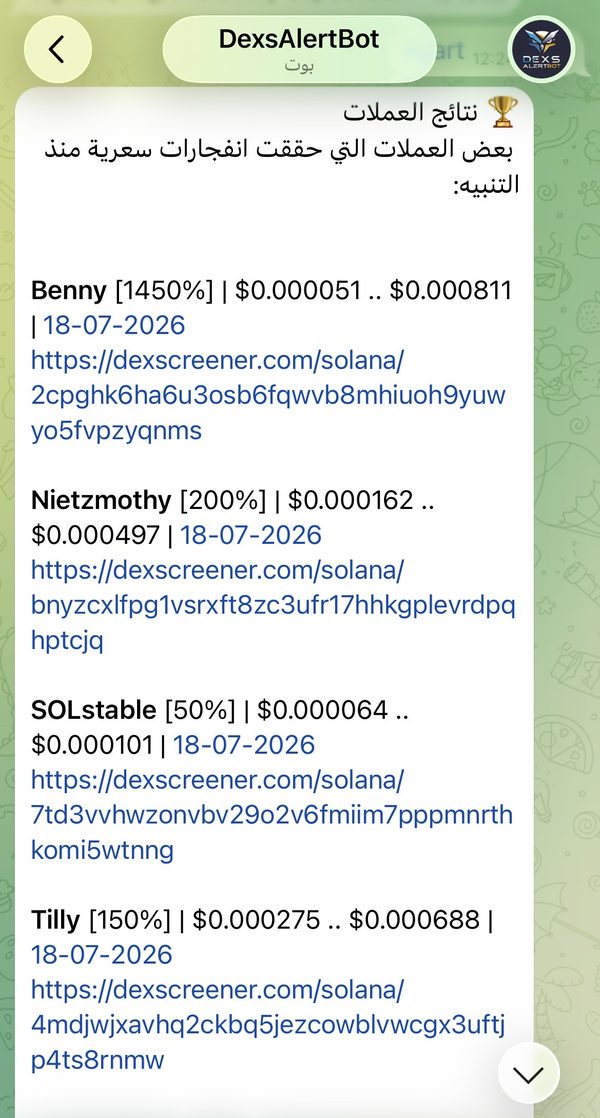 DexsAlertBot public Results log listing token gains with dates and DexScreener links
