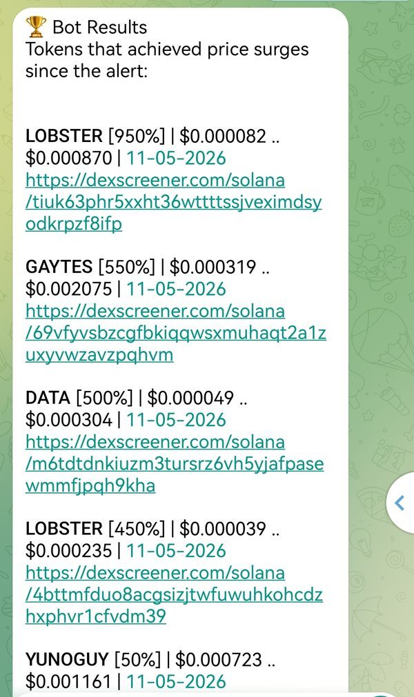 DexsAlertBot public Results log listing token gains with dates and DexScreener links
