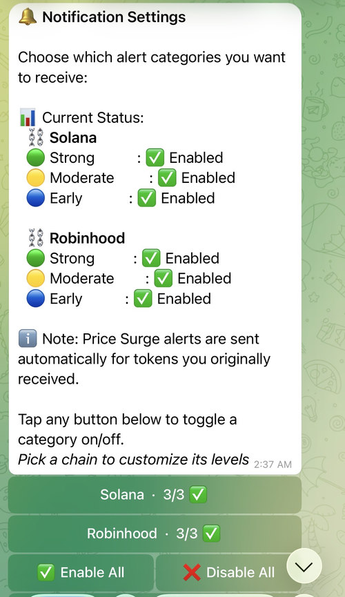 DexsAlertBot Notification Settings showing Strong, Moderate and Early levels with a per-chain switch for Solana and Robinhood Chain