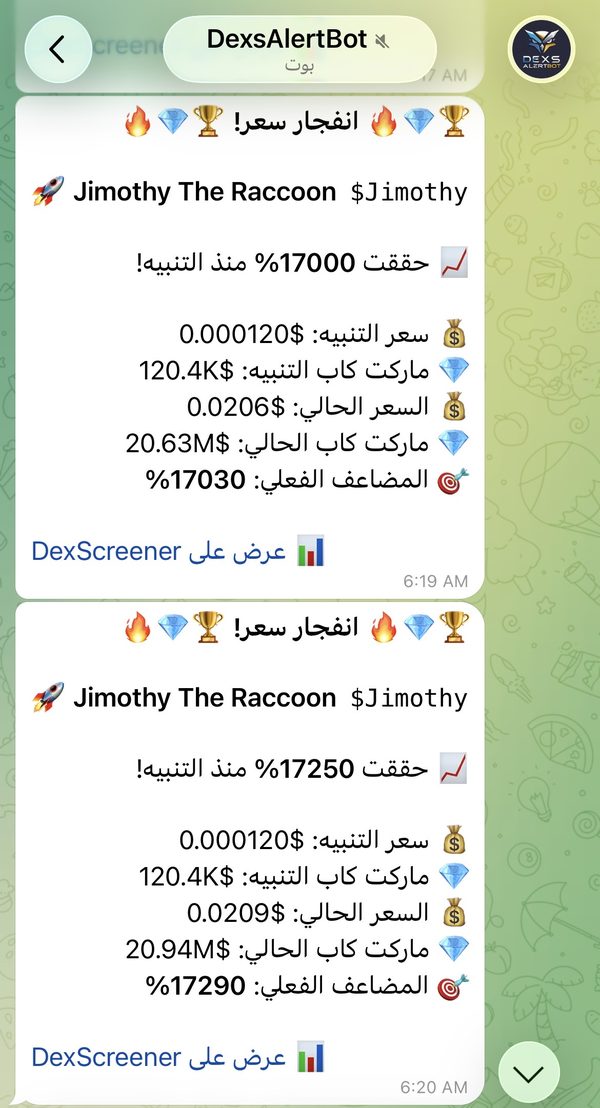 DexsAlertBot Price Surge tracking showing real gains since the alert