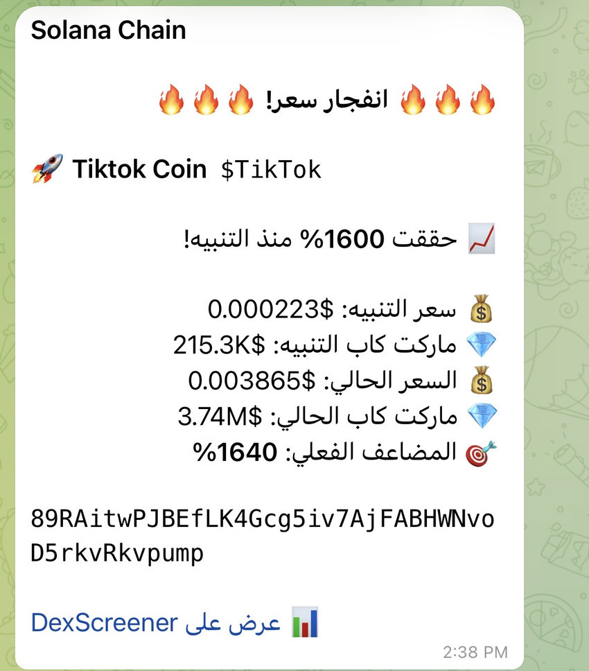 تتبّع ارتفاع السعر في DexsAlertBot يعرض المكسب الفعلي منذ لحظة التنبيه