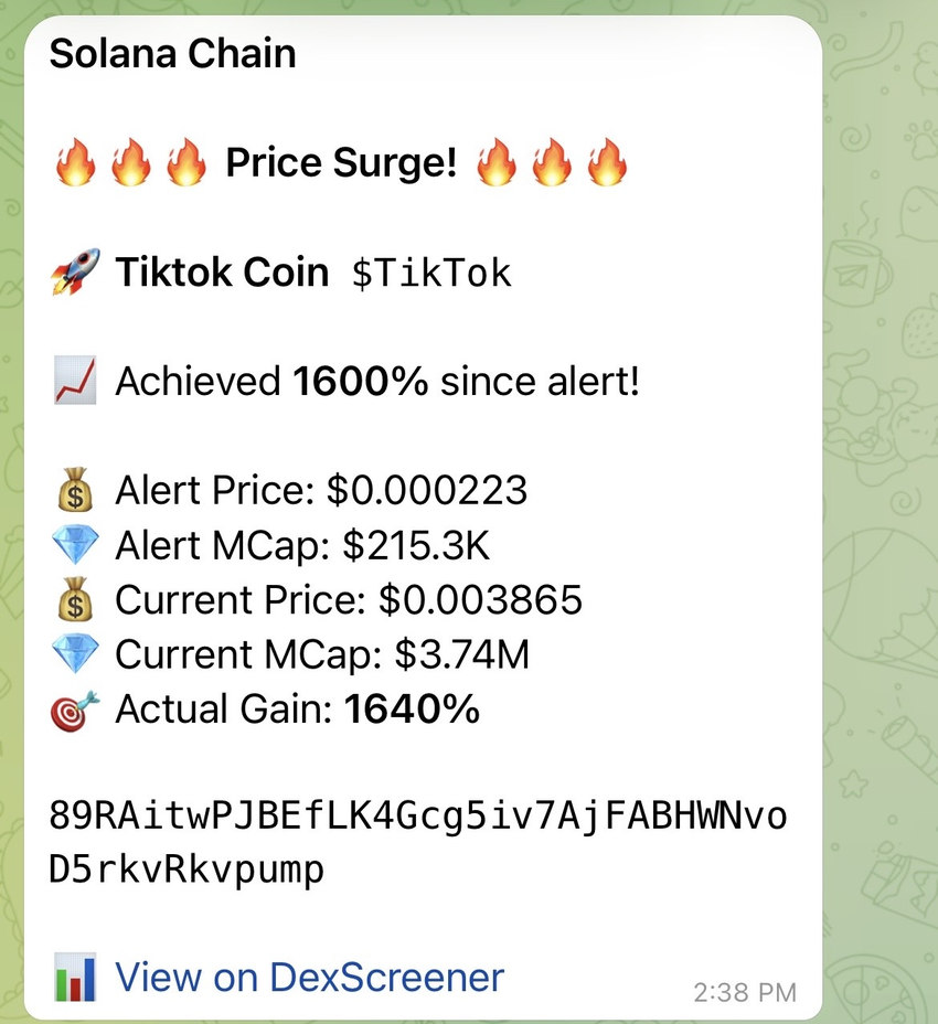 DexsAlertBot Price Surge tracking showing real gains since the alert