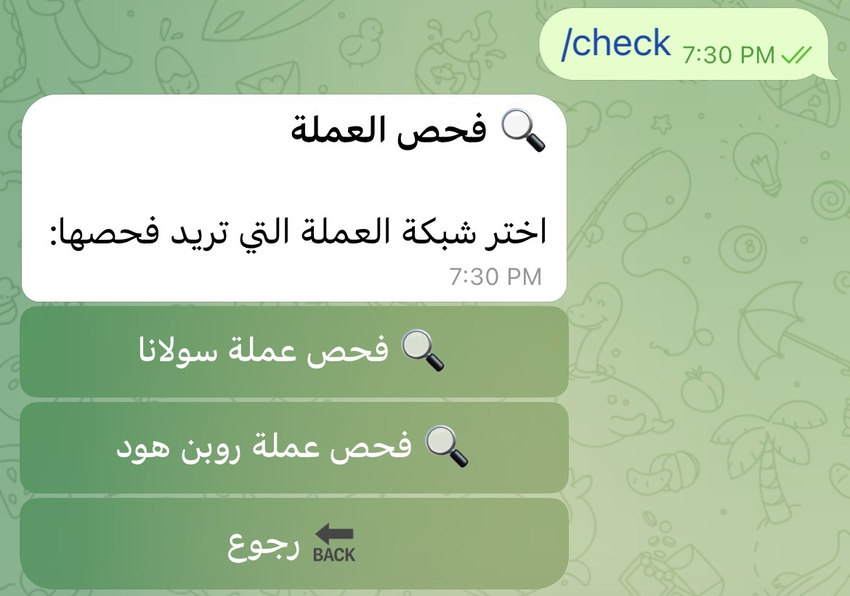 شاشة اختيار الشبكة في فحص العملة مع خيارَي سولانا وروبن هود