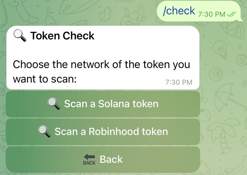 DexsAlertBot Check Token network selection screen with Solana and Robinhood Chain options