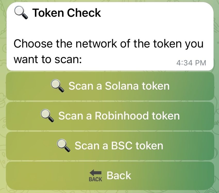 DexsAlertBot Check Token network selection screen with a BNB Chain (BSC) option