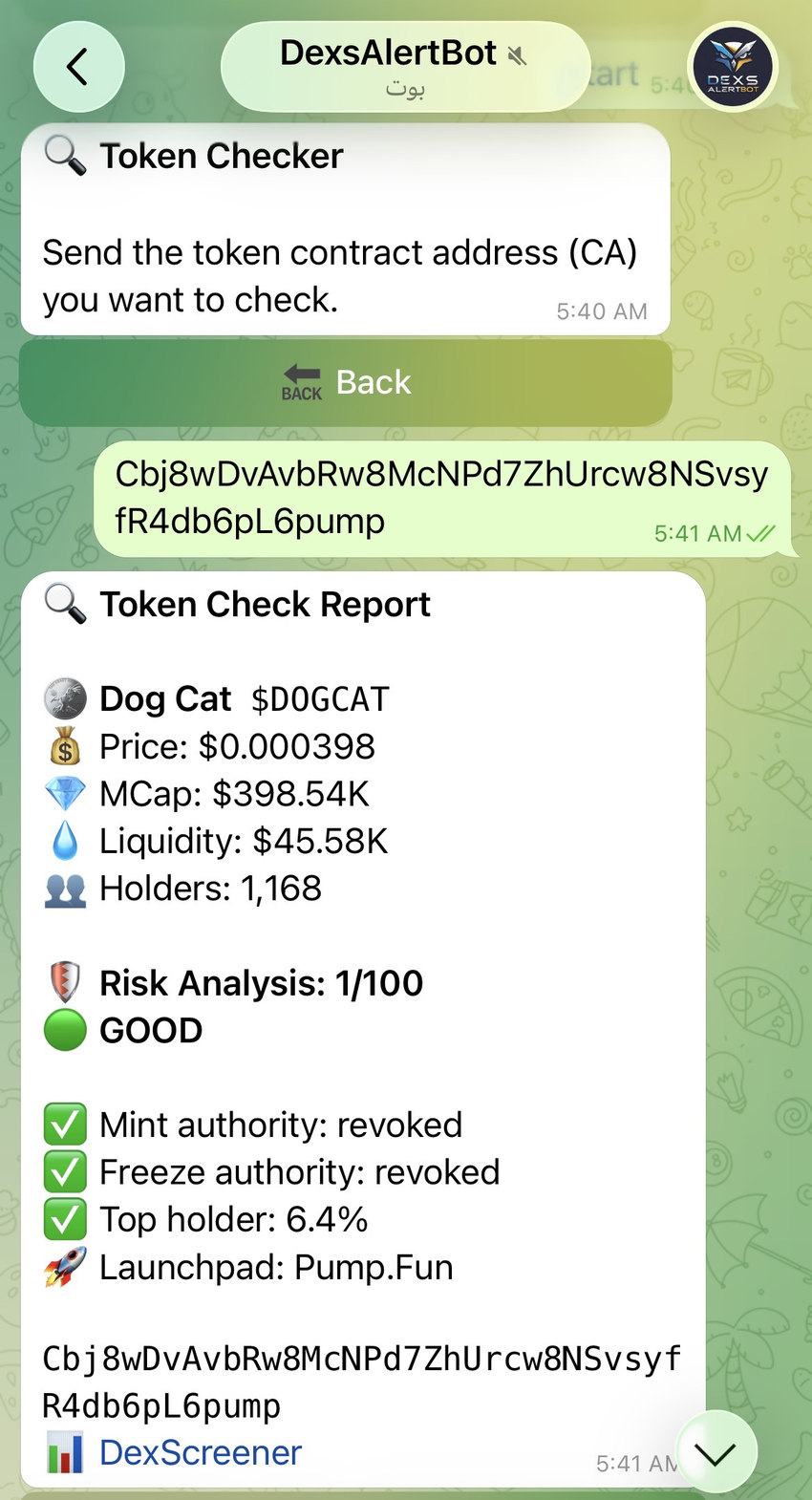 DexsAlertBot Check Token report showing price, market cap, liquidity, holders, risk score, mint and freeze authority, top holder share and launchpad