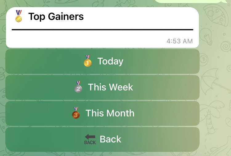 DexsAlertBot Top Gainers menu with Today, This Week and This Month options