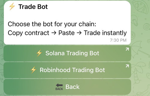 DexsAlertBot Trade Bot menu linking to a dedicated external trading tool for Solana and Robinhood Chain
