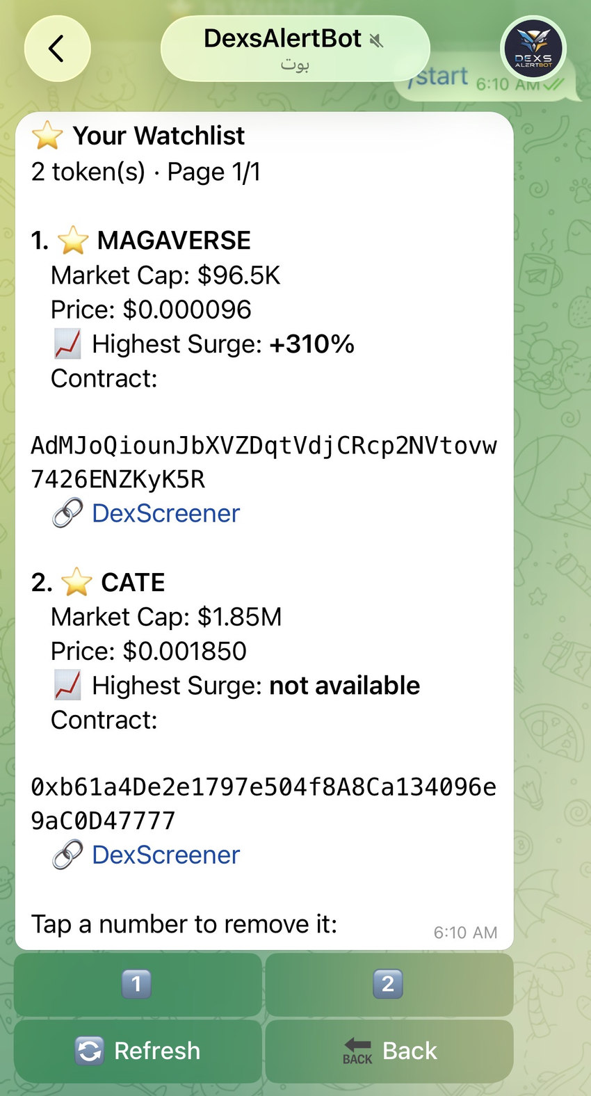 DexsAlertBot Watchlist showing tracked tokens with market cap, price and highest surge