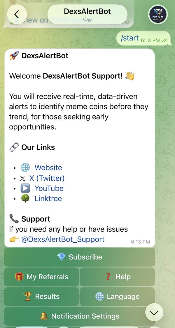 DexsAlertBot welcome screen shown right after /start, with the bot's menu options